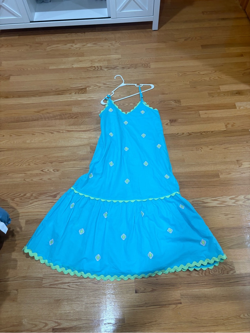 Aqua JMarie Dress with bright green Scalloped Trim